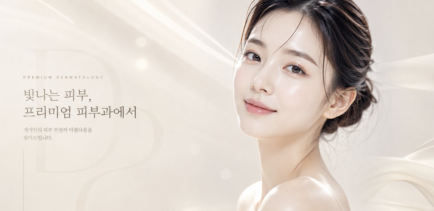 밝은 피부톤의 여성 모델과 프리미엄 피부과 문구가 있는 크림톤 병원 배너 이미지